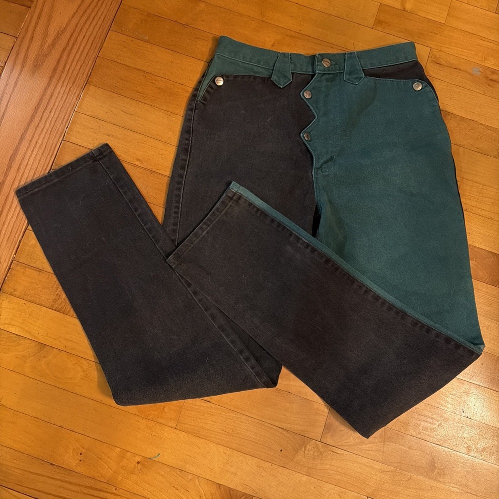 VTG Rough Rider Green Black 5-Snap High Waist Thick Jeans Wm's 5/6 x 34 Ins